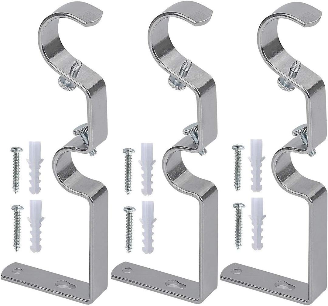 Double Curtain Rod Hanging Brackets Havy Duty 3Pcs Metal Rodholder-Satin Nickel 