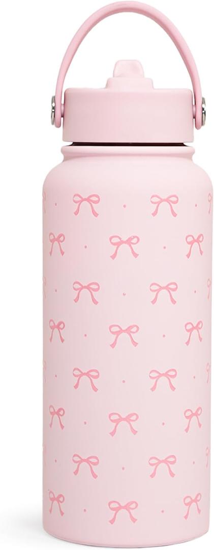 Pink Bow Water Bottle Stainless Steel Insulated Vacuum 32oz with Lid, Gifts for Women Girls Teens Birthday Christmas