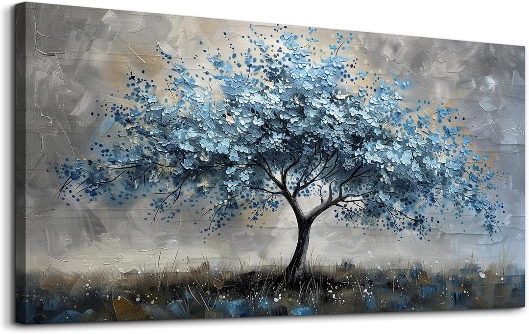 MHARTK66 Farmhouse Wall Art For Living Room Canvas Wall Decor For Bedroom Blue Tree Landscape Wall Pictures Artwork Large Stretched and Framed Canvas Paintings Ready to Hang for Office Home Decor (48"L x 24"W)