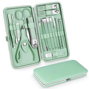Teamkio 18pcs Manicure Set Pedicure Nail Clippers Set Travel Hygiene Kit Stainless Steel Professional Cutter Care Set Scissor Tweezers Knife Ear Pick Tools Grooming Kits with Leather Case (Green)