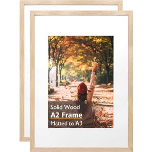 KINLINK A2 Picture Frames Natural, Solid Wood Frames with Acrylic Plexiglass 16.5 x 23.5 Frame for Pictures A3 with Mat or A2 without Mat Wall Mounting Display, Set of 2