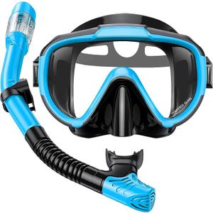 Snorkel Set Adults Snorkeling Gear Anti-Fog Panoramic View Swim Mask Dry Top Snorkel Kit with Carry Bag for Snorkeling Scuba Diving Swimming Travel (Light Blue+Black)