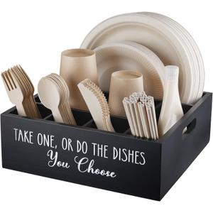 ALELION Paper Plate Dispenser for Countertop - Wooden Utensil Holder Organizer for Party - Silverware Caddy for Plate, Cup, Fork, Spoon - Cutlery Holder with Handles for Kitchen Camping Buffet