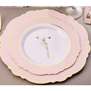 WDF 100pcs Pink Plastic Plates - High-end Baroque Design - Pink and Gold Plates for Upscale Party & Baby Shower - Including 50 Pink Disposable Plates 10.25inch, 50Salad Plates 7.5inch