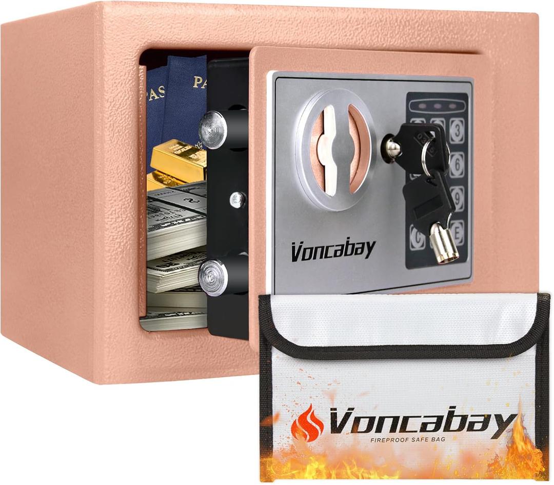 Voncabay Money Safe Box for Home with Sensor Light & Fireproof Security Safe Box for Money Safe with Keys & Pass Code, Lock Box Fireproof Safe with Digital Keypad Gold Khaki (0.23 Cubic Feet)
