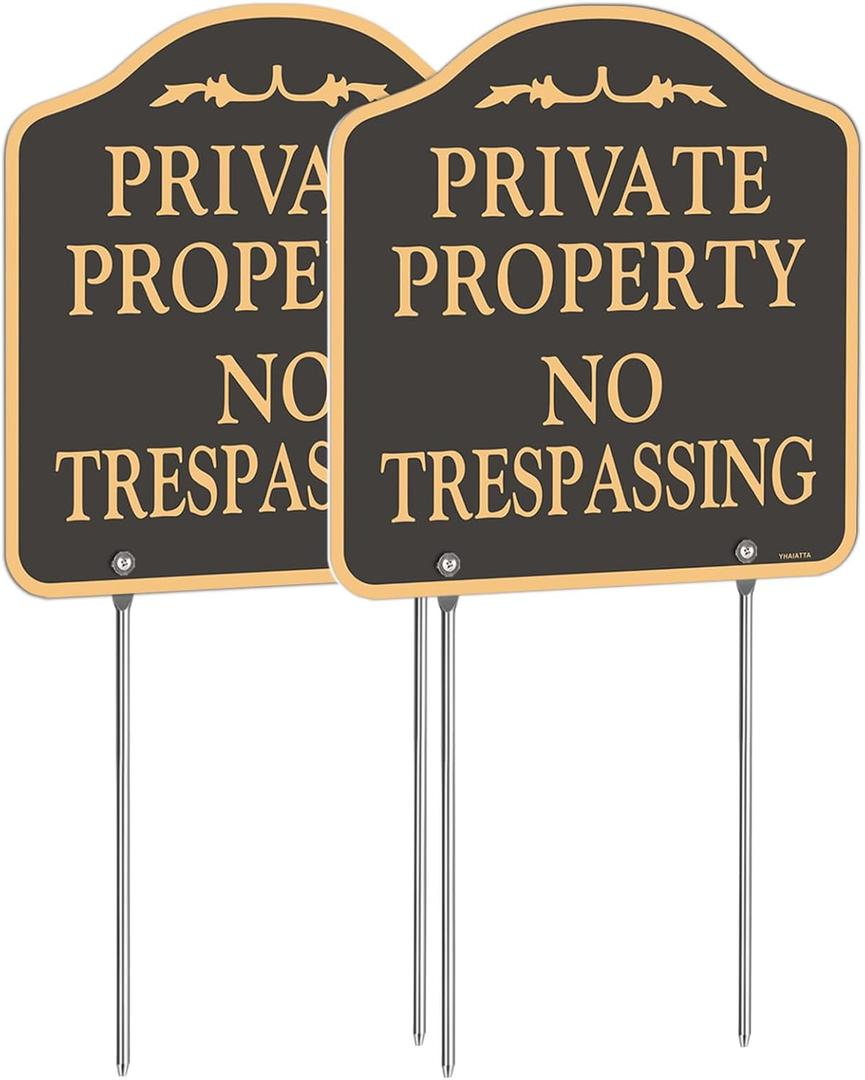 Large (2 Pack) No Trespassing Signs Private Property, Metal, Aluminum, Includes Metal Yard Stakes for Easy Installation, 12x12 Inches