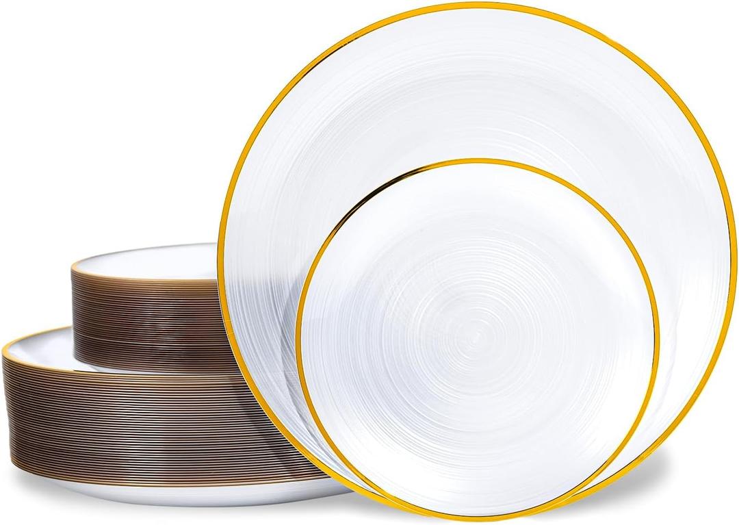 Fabulous Party 100PCS Pearl White Plastic Plates-Crystal Design Disposable Plates with Gold Rim, Fancy Disposable Plates Include 50 White Dinner Plate and 50 Dessert/Salad Plate for Party & Wedding