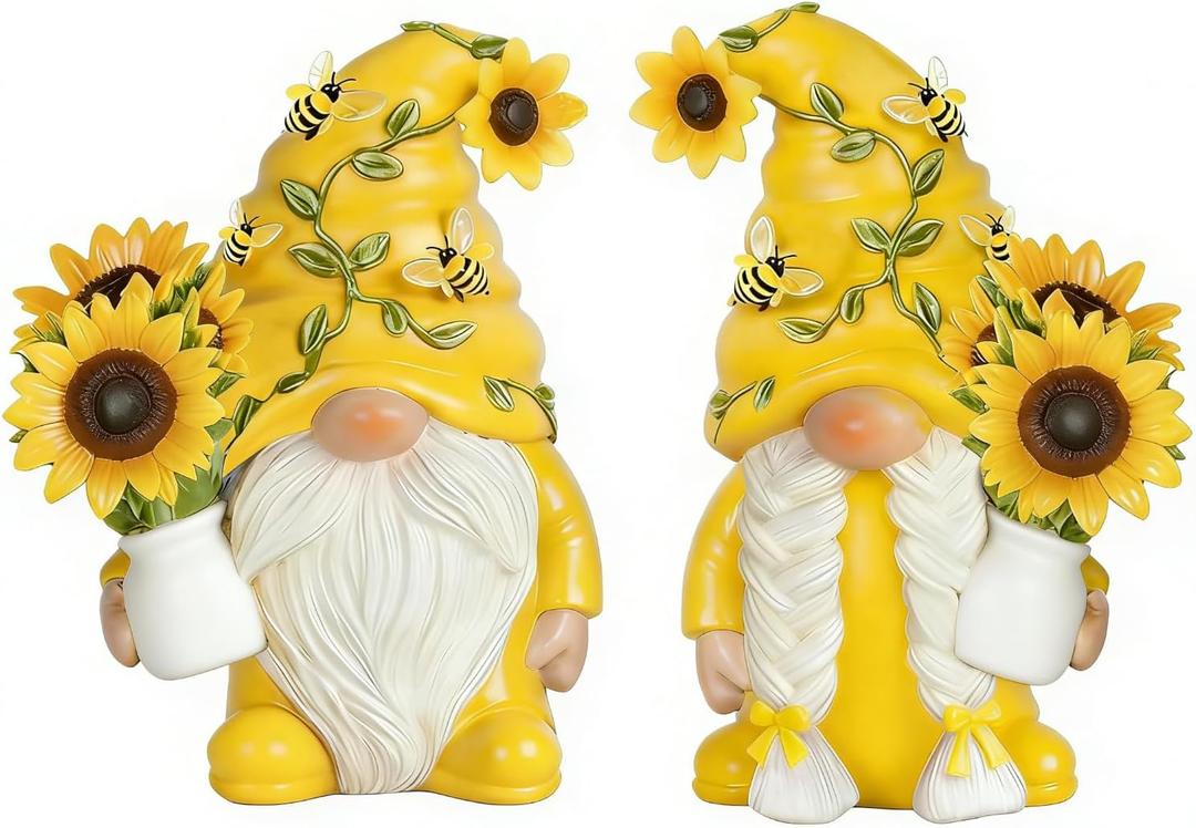 Yellow Sunflower Gnome Figurines - Indoor Home Office Kitchen Spring Decor, Summer Gnomes Gifts for Women, Resin Bee Statues for Table Shelf Decorations