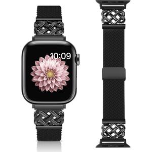 Braided Band Compatible with Apple Watch Bands 40mm 38mm 41mm 42mm 44mm 45mm 46mm 49mm, Magnetic Clasp Fabric Nylon Interlock Buckle Straps for iWatch Ultra Series 10/9/8/7/6/5/4/3/2/1/SE (Black)