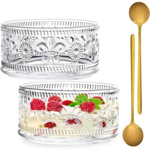 Glass Dessert Bowls, Serving Bowl with Gold Spoon Trifle Bowl Ice Cream Bowls For Dessert, Ice Cream, Cereal, Nuts, Pudding (Lily Flower-Set of 2, 15.5oz)