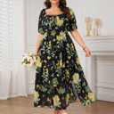 SCOMCHIC Womens Plus Size Maxi Dress Wedding Guest Tiered Long Dresses | Puff Short Sleeve Floral Dress, Elegant Cocktail Dress, Evening Party Dress, Formal Dresses, Summer Dresses, Dress with Slit (XXL)