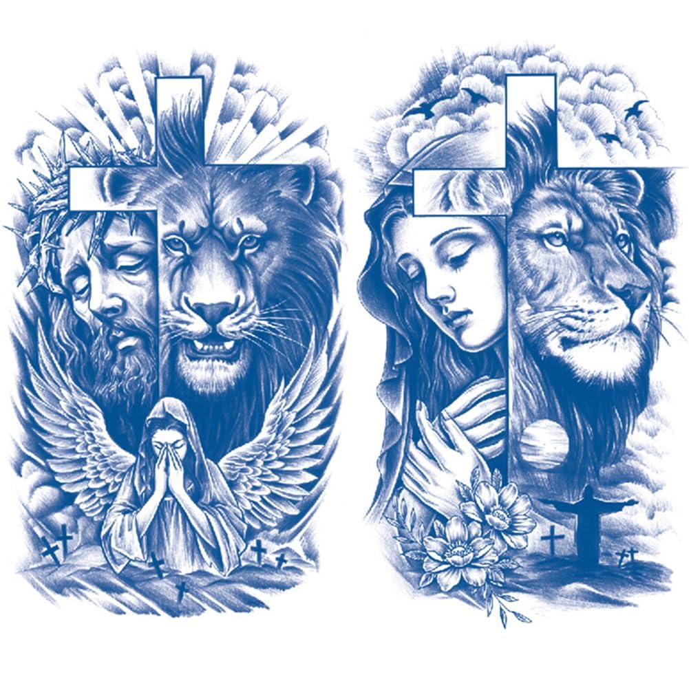 Oottati 2 Sheets Semi Permanent Waterproof Temporary Tattoos, Lasts 1-2 Weeks, Realistic Look, No Adhesive, No Reflection Adult Body Art Stickers, Lion Cross Jesus Maria Pack of 3