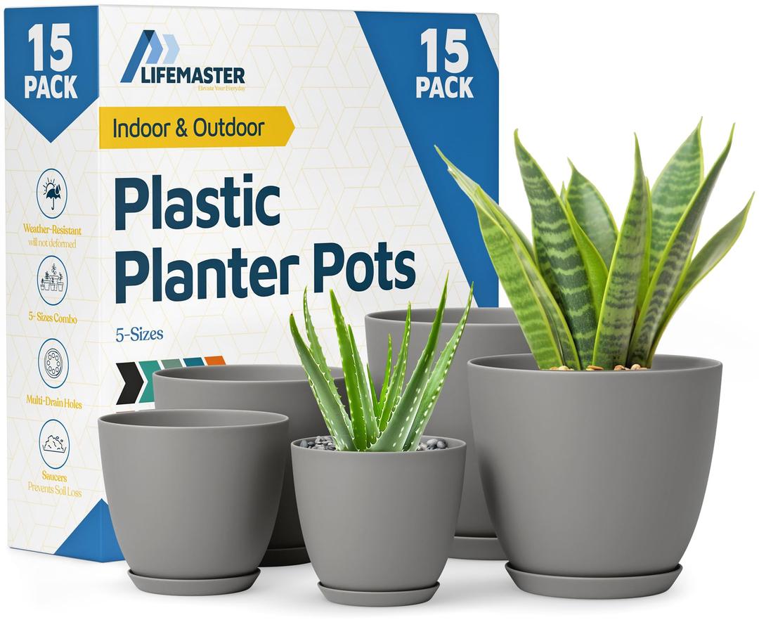 3 x Gray Plant Pots with Drainage Holes & Saucers 15 Pack, Indoor & Outdoor Stackable Space-Saving Planters for Houseplants & Flowers, (7", 6.7", 6", 5.3", and 4.8" Inches), Durable & Weatherproof