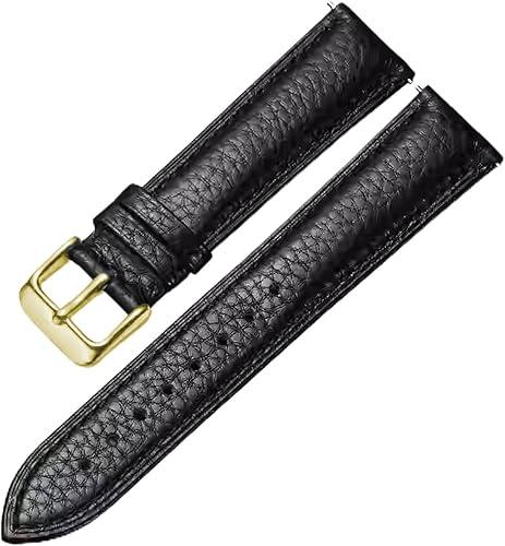 Genuine Leather Watch Band Hand-Stitched Texture Padded Italian Leather Strap Quick Release 12mm 13mm 14mm 15mm 16mm 17mm 18mm 19mm 20mm 21mm 22mm 23mm 24mm Replacement Band for Women Men (Black(Gold buckle))