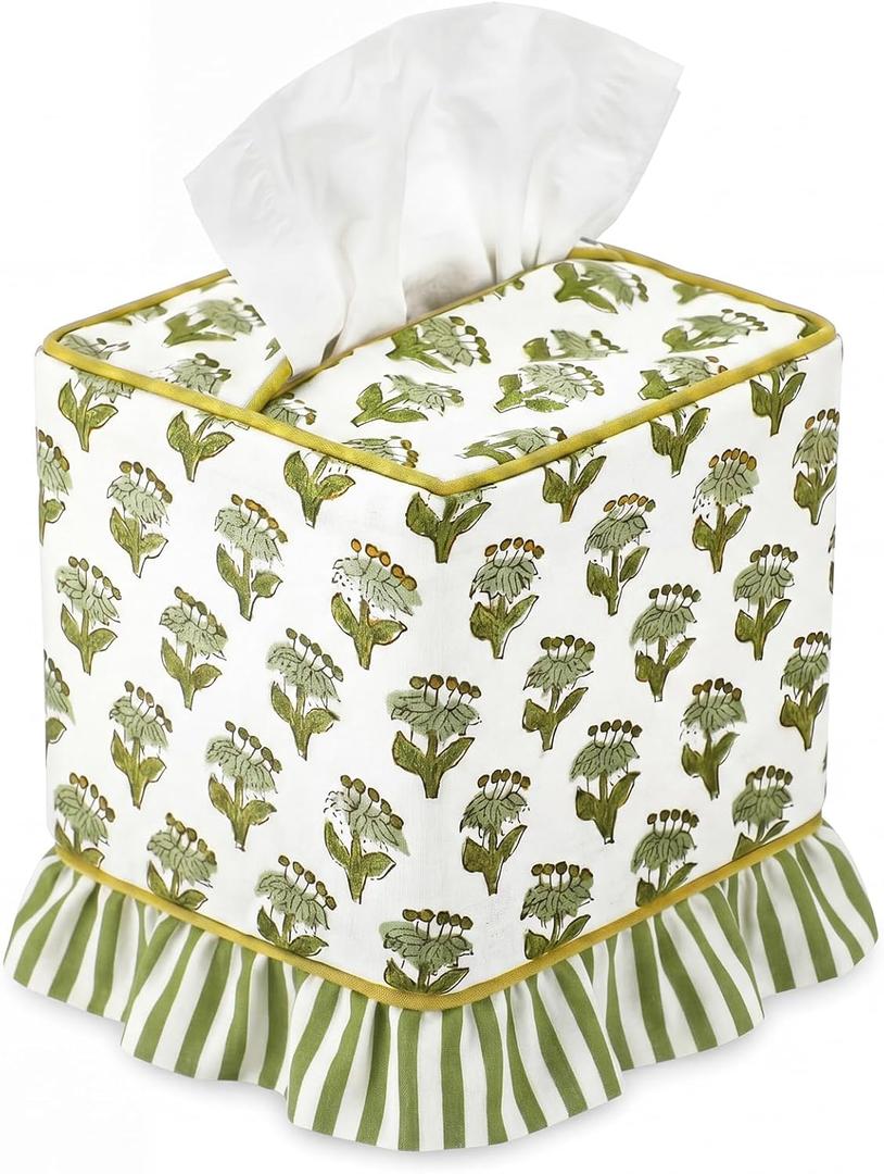 Emerald Green Floral Ruffle Tissue Box Cover Block Printed Cotton Fabric Napkin Holder Square Boho Decorative Box Cover for Bedroom Living Room Bathroom Vanity Countertop Car Office Kitchen