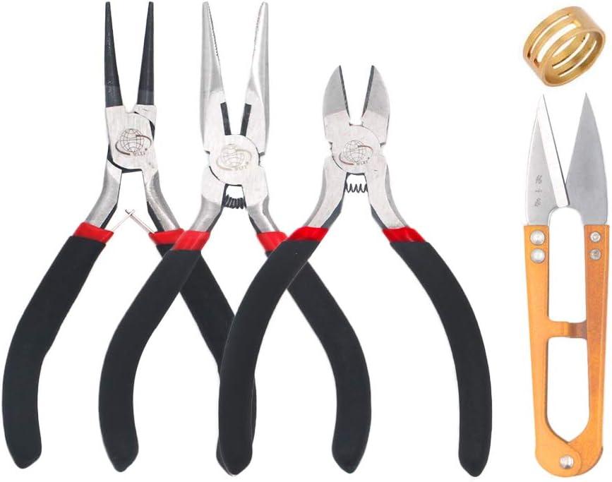 Jewelry Pliers Set: Round Nose, Wire Cutters, Needle Nose, U Sewing Scissors & Jump Ring Opener - Black, Ergonomic Grip,  Product Dimensions 4.75"L x 4.75"W