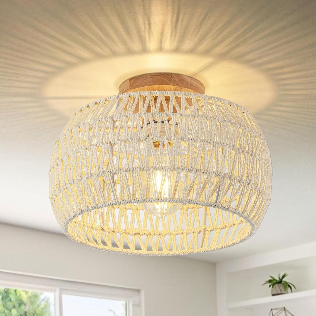 Boho Ceiling Light Fixtures Cream White Rattan Chandelier Light Small Rattan Flush Mount Ceiling Light Hand-Woven Chandelier for Nursery Light Fixture Kitchen Farmhouse Bedroom Chandeliers