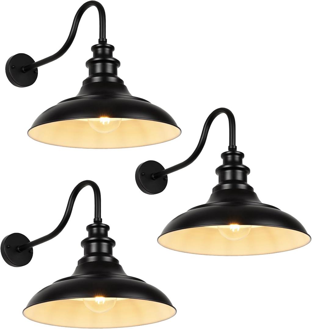 Exterior Farmhouse Barn Light, 16 Inch Vintage Outside Garage Light Fixtures, 3PCS Anti-Rust Waterproof Outdoor Light for Patio Frontdoor Entryway Doorway, Matte Black, No Dusk to Dawn