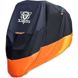 XYZCTEM Motorcycle Cover  All Season Waterproof Outdoor Protection  Precision Fit up to 96 Inch Tour Bikes, Choppers and Cruisers  Protect Against Dust, Debris, Rain and Weather (Black& Orange)
