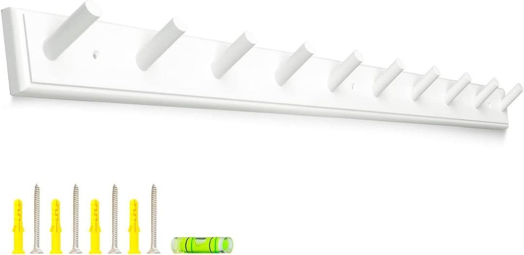 10 Hook Coat Rack Wall Mounted, Long 38 Inches Wooden Wall Coat Hanger with 10 Pegs, 16'' Hole to Hole Wall Coat Hooks for Hanging Towels, Hats, Backpacks, Clothing, Caps, White 10 Hook Coat Rack Wall Mounted, Long 38 Inches Wooden Wall Coat Hanger with 10 Pegs, 16'' Hole to Hole Wall Coat Hooks for Hanging Towels, Hats, Backpacks, Clothing, Caps, White