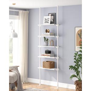 ALLZONE 5 Tiers Narrow Bookshelf, Tall Adjustable Ladder Book Shelf with Open Storage, Floor to Ceiling Tension Mount, Wooden Industrial Bookcase for Living Room, 92 to 116 Inch, White (5-Tier (27.84'' Wide))