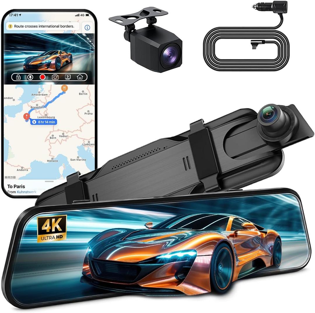 4K Mirror Dash Cam with Carplay&Android Auto,10" Rear View Mirror Camera for Cars/Trucks with Voice Control/Real 64GB Card/Touch Screen/Parking Monitor/Reverse Assist/Dual Loop Record/WDR Tech