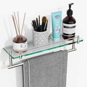 Glass Shelf for Bathroom with Towel Bar,16-Inches Brushed Nickel Floating Glass Shelf with Towel Rack Rectangular Tempered Glass Stainless Steel Glass Shelves Wall Mount Accessories