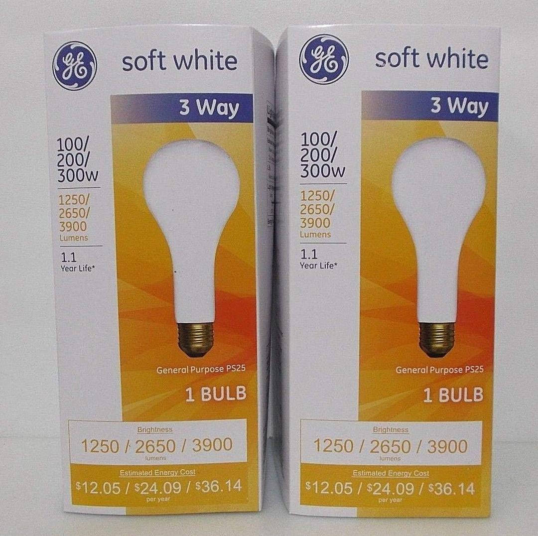 GE 3 Way Incandescent Mogul Base Bulbs 100/200/300 Watt PS25 Soft White, 2 Pack