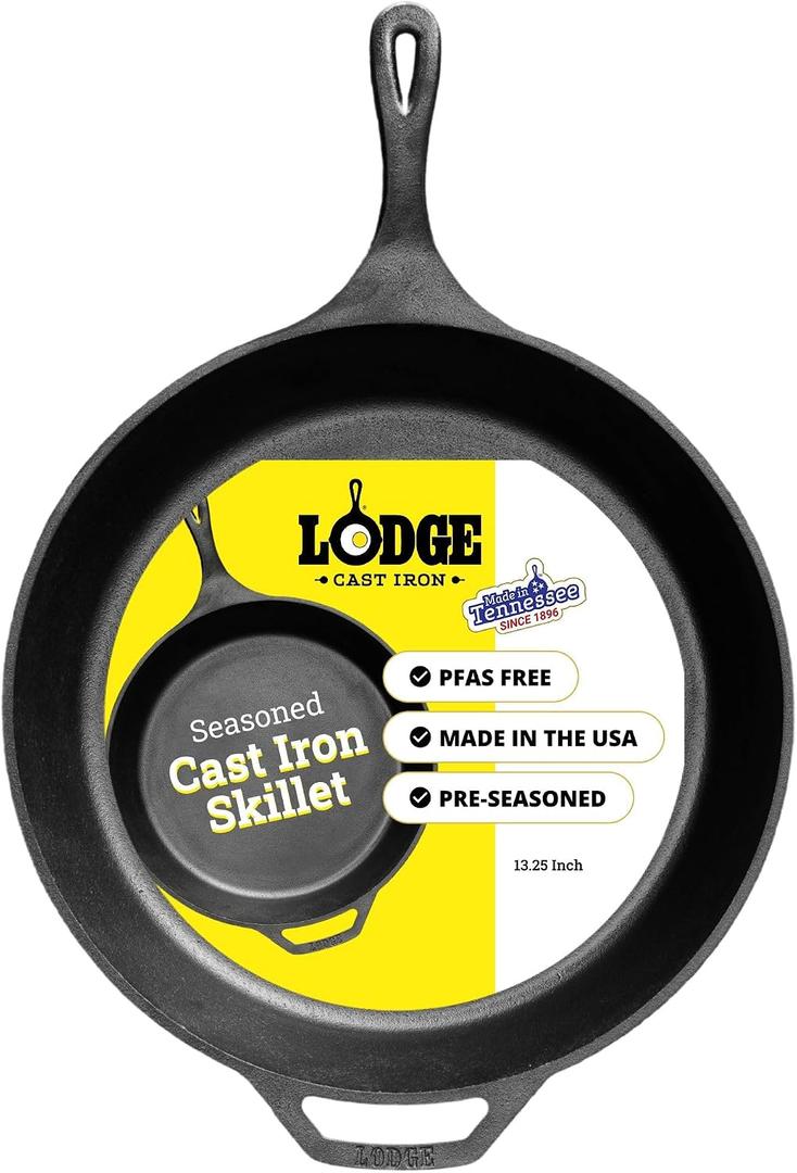 Lodge Seasoned Cast Iron Skillet 13.25 Inches - PFAS-Free, Non-Toxic Cookware - Use with an Oven, Stove, Grill, or Campfire - Naturally Non-Stick & Oven Safe
