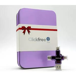 Clickfree Pro 128GB 4-in-1 Photo & Video Backup USB Flash Drive for iPhone, Android, iPad & Mac with Matching Metal Travel Tin (Purple) - with Custom Museum Quality Poster