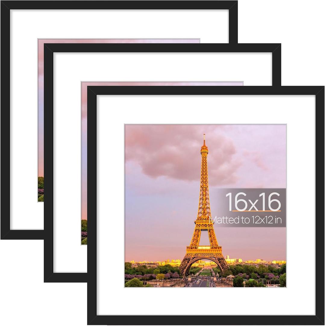 upsimples 16x16 Picture Frame Set of 3, Made of High Definition Glass for 12x12 with Mat or 16x16 Without Mat, Wall and Tabletop Display Photo Frames, Black