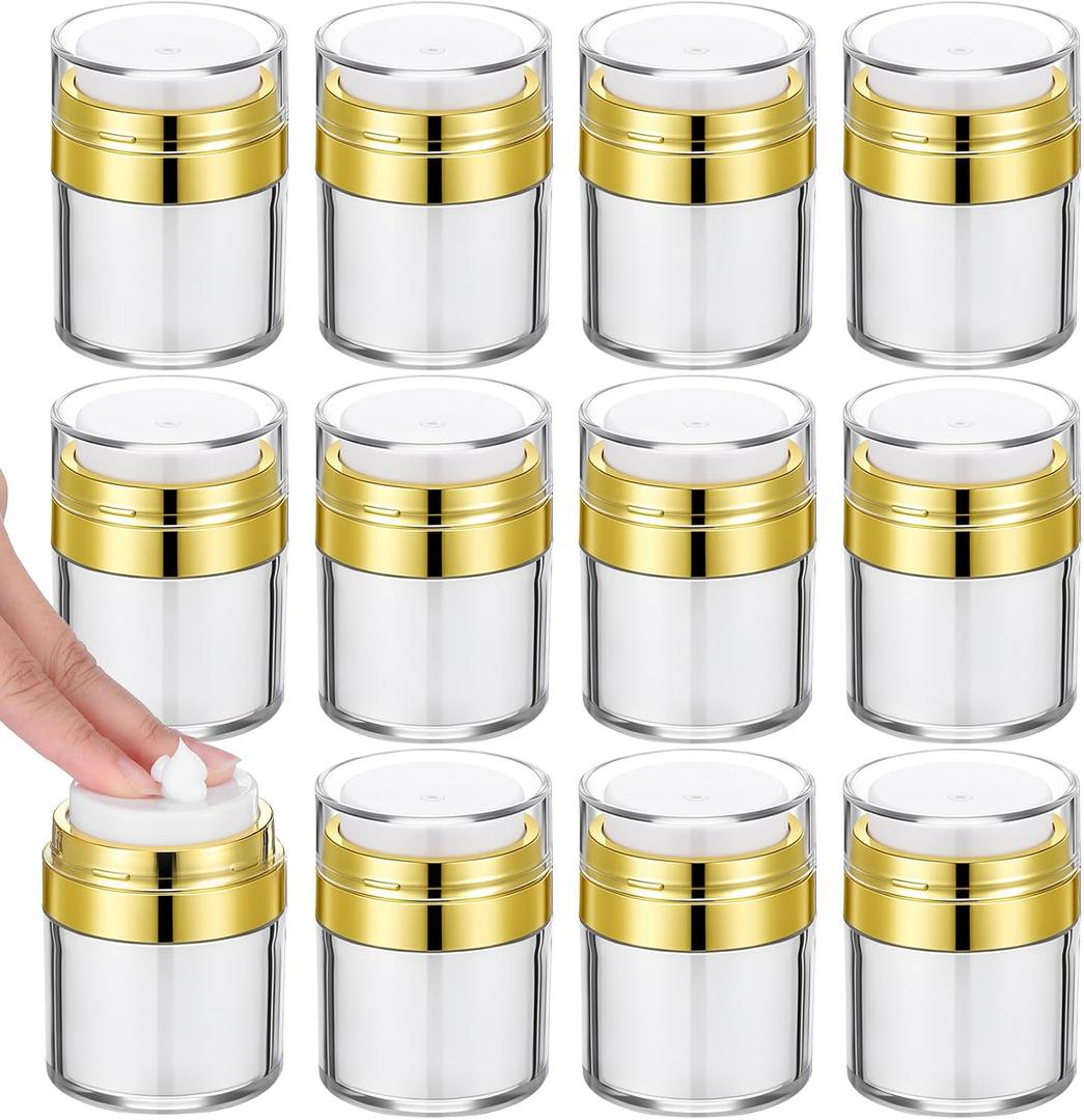 12PCS 1oz Gold Travel Jars for Creams, 30ml Airless Pump Jars Refillable Travel Bottles Empty Makeup Containers for Creams Lotion Moisturizer Toiletries Dispenser