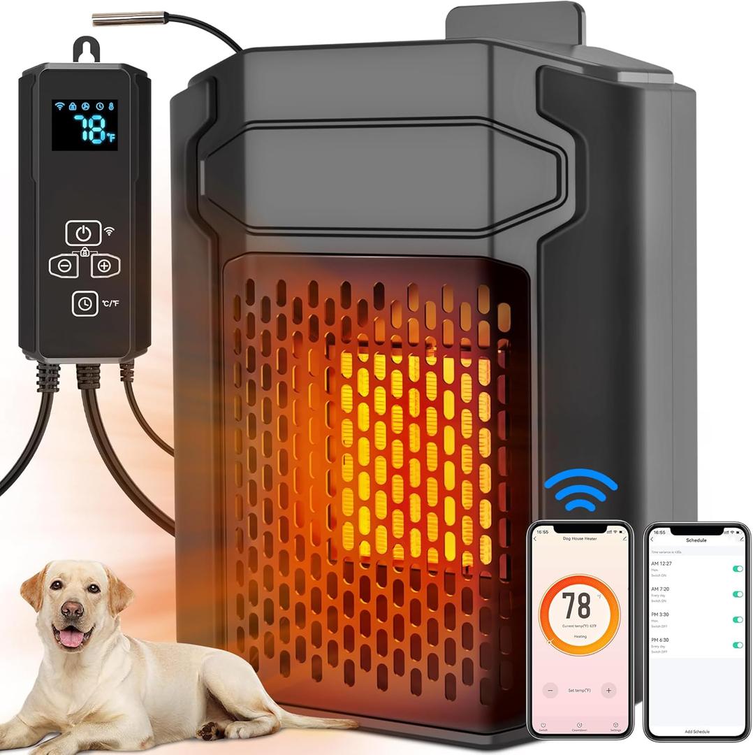 Dog House Heater with Thermostat & Smart APP WIFI Remote, 500W Fast Dog House Heaters Outdoor Doghouse, Chicken Coop, Pig Cat House, 41-113 Adjustable Temp & Timer, Pet Safe Space Electric Warmer (Black)