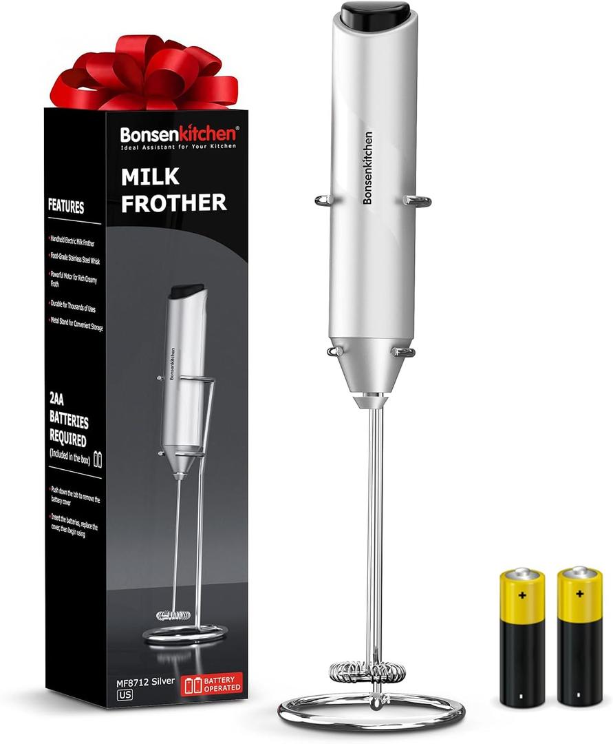 Bonsenkitchen Powerful Milk Frother with Stand for Coffee, Fast Handheld Drink Mixer with Stainless Steel Whisk, Battery Operated Hand Frother Stirrer Wand-Silver (Compact)