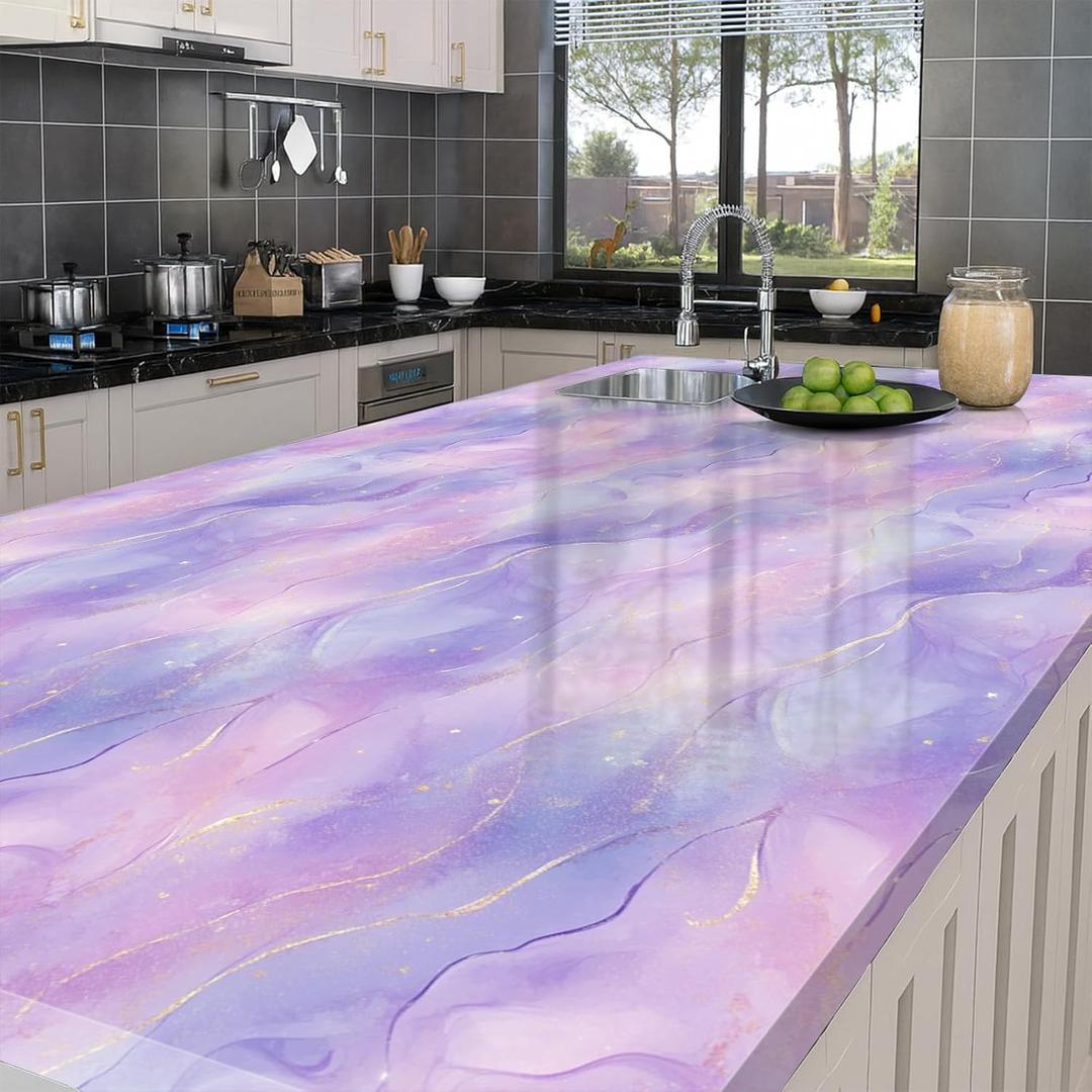 HOMETITUTE Glossy Purple Marble Wallpaper Peel and Stick 15.7"x39.4" Self Adhesive Removable Contact Paper Watercolor Gold Vein Vinyl Decorative Cover for Wall Cabinet Countertop Shelf DIY