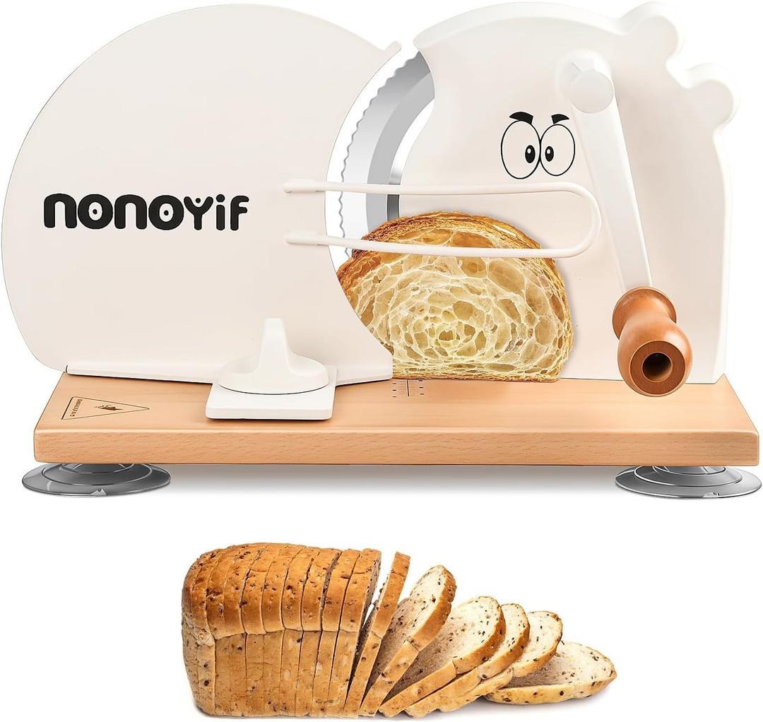 Manual Bread Slicer for Homemade Sourdough Bread, Adjustable Thickness, Hand-Crank Bread Cutter with Metal Guide, Suction Cup & Scale Line, Stainless Steel Blade, Beech Wood Base for Even Slices