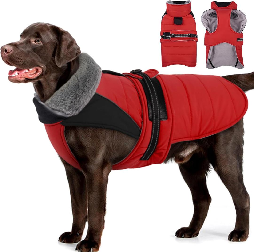 MIGOHI Comfortable Large Dog Coat - Waterproof Dog Coat with Reflective Strips, Windproof XXL Dogs Jacket with Warm Turtleneck, Snow Coats for Large Dogs, Labrador Golden Retriever,2XL,RedBlack
