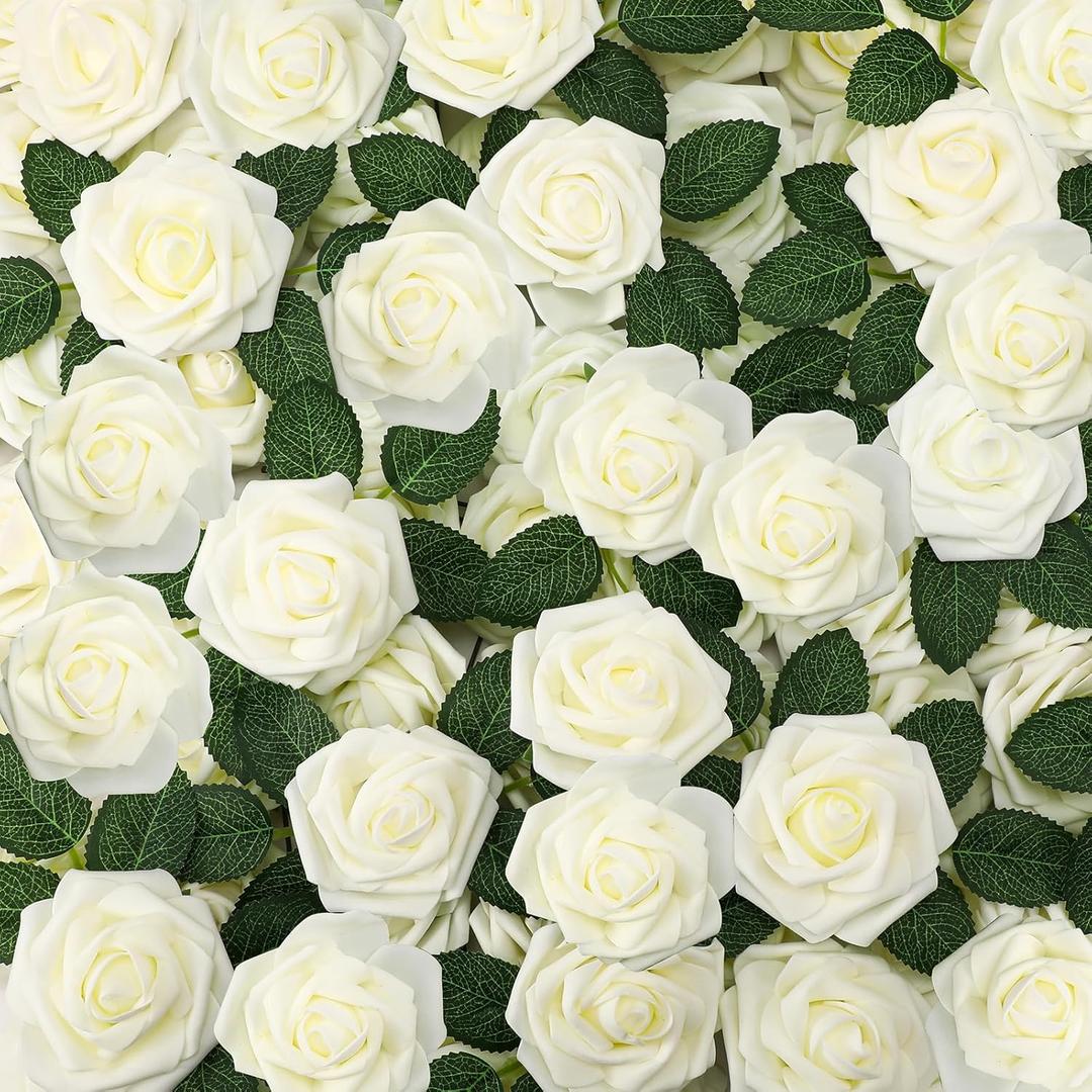 Zeyune 200 Pcs Artificial Rose Flowers Foam Fake Rose Bulk Faux Flower with 100 pcs Stem for DIY Wedding Bouquet Centerpieces Floral Arrangement Bridal Shower Party(White)