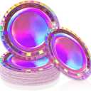 JarThenaAMCS 50Pcs Valentine's Day Iridescent Pink Paper Plates Holographic Hot Pink Disposable Plates 9 Inch Round Dinner Dessert Plates for Disco Bachelorette Birthday Party
