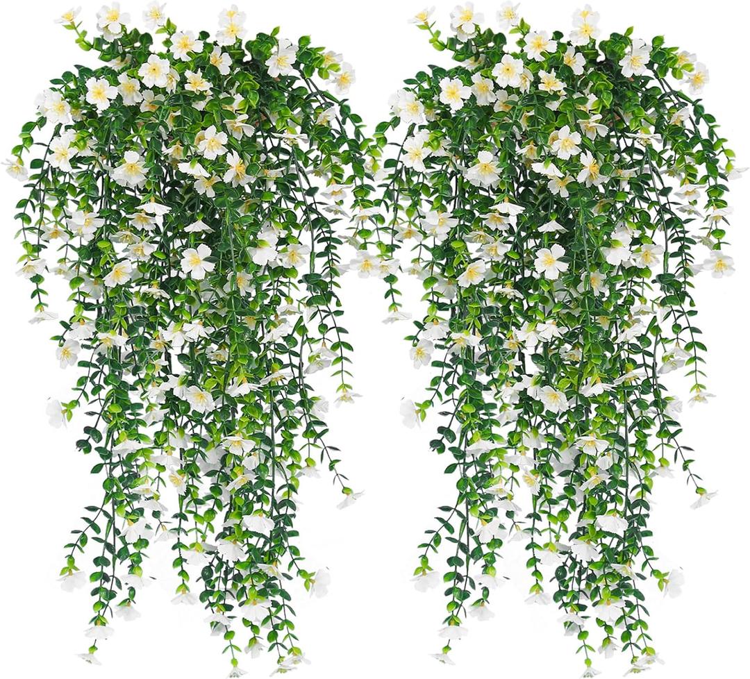 RECUTMS 4 Pcs Artificial Flowers for Outdoors Fake Hanging Flowers Plants 29Inch UV Resistant Silk Daisy Flower Realistic Faux Trailing Vine for Wall Yard Porch Balcony Indoor Outdoor Planters (White)