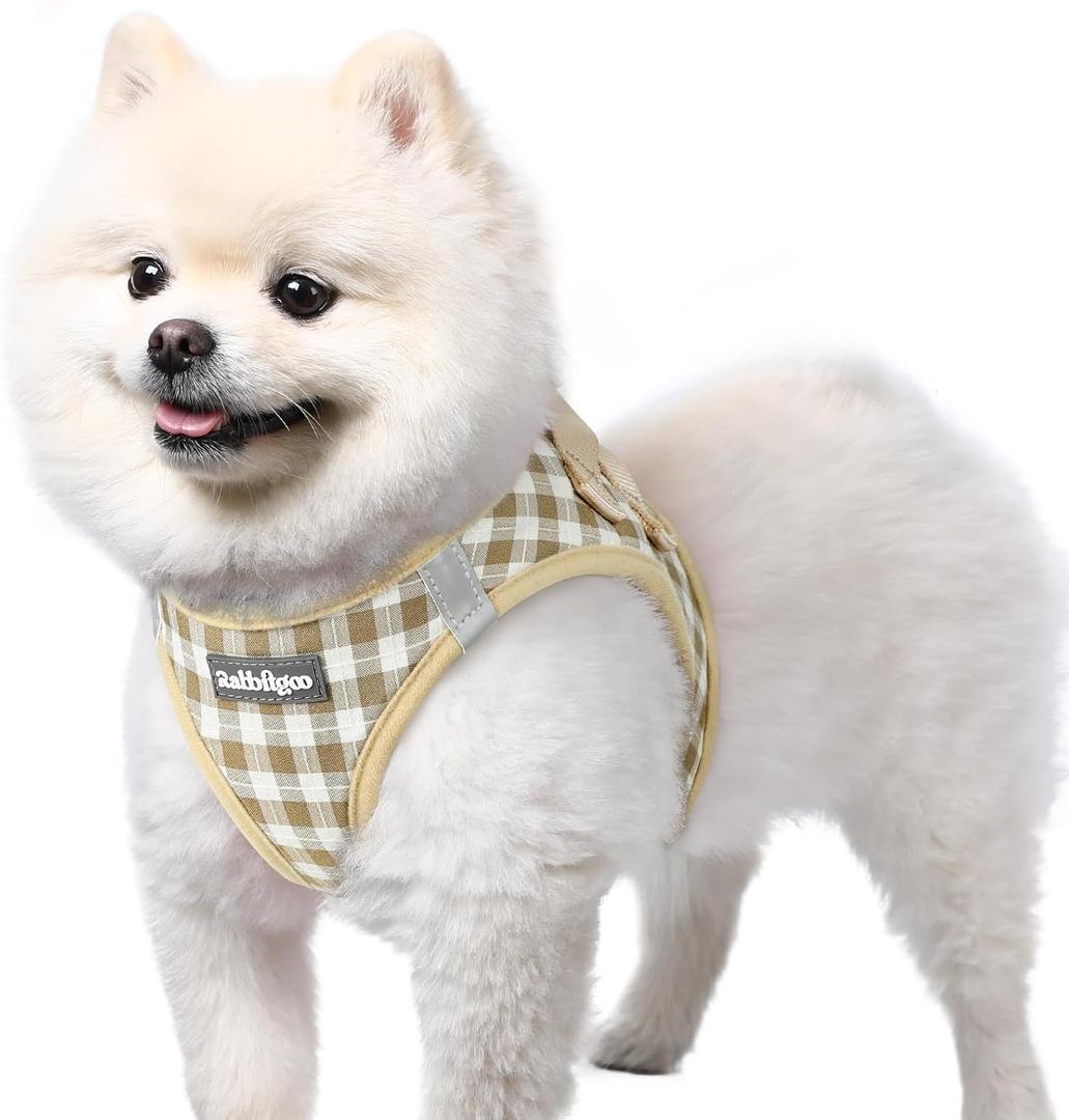 Rabbitgoo Small Dog Harness, Step-in Easy On Soft Light Puppy Vest with Breathable Mesh for Walking, Safe Reflective Pet Harness for Small Sized Dogs, Beige Check S
