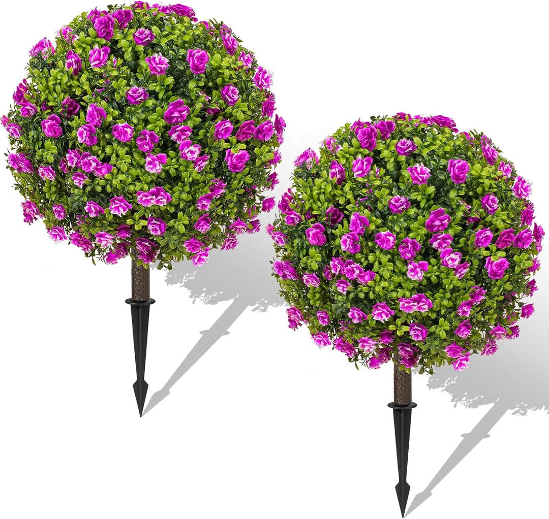 25" Artificial Boxwood Topiary Ball Trees with Purple RoseFlowers, Set of 2 UV Resistant No Fade Outdoor Faux Plants with Ground Spike, Fake Shrubs for Garden, Patio, Porch, Yard, Indoor