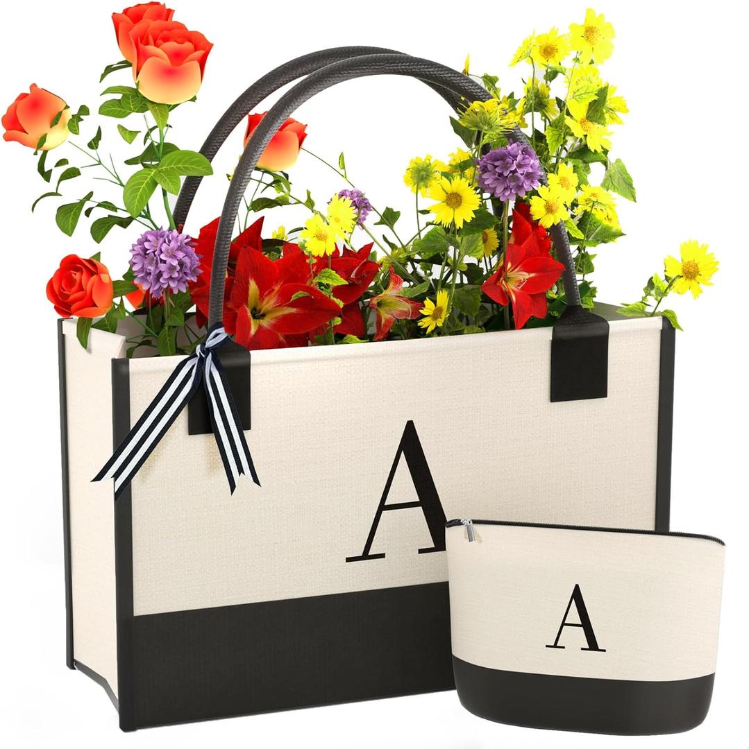 Monogrammed Canvas Tote Bag with Zipper Pockets - Ideal Gift for Mom, Teacher, Sister