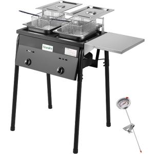 Iron Two-Tank Propane Deep Fryer with Thermometer, 2 Stainless Steel Baskets and Lids Fish Fryer with Adjustable Temperature Regulator, Outdoor Dual Fryer for Frying