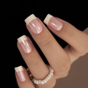 CurvLife Square French Press on Nails Medium Acrylic Fake Nails with Medium Hanley French Design Full Cover False Nails Tips for Women Reusable Nail Kit