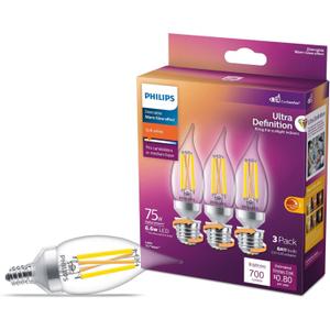 PHILIPS LED 75W BA11 E12 or E26 Adapter Base 3-Pack Ultra Definition Daylight (5000K) 700 Lumen (5.5W = 75W) Dimmable Flicker-Free Candelabra Light Bulbs