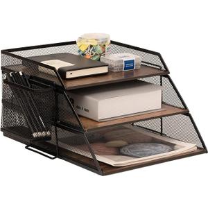 Vintage Wood & Metal Letter Tray， Stackable Desk Organizers Paper Tray， for File Magazines Mail Organizer, Vintage Wood Desk File Organizer with Pen Holder(3 Layer)