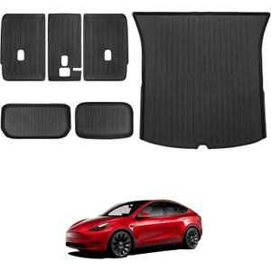BASENOR 2025 Upgrade Tesla Model Y All-Weather Waterproof Rear Trunk Mat TPE Anti-Slip Frunk Rear Cargo Liner Second Row Seats Back Cover Protector Model Y Interior Accessories 2020-2024