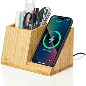 OhM-ega Bamboo Desk Organizer with Wireless Charing, Home Office Organizers for Desk, Wireless Charging Station with Pen Holder, 10W Fast Wireless Charging, Compatible with iPhone and Pixel