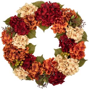 Fall Wreaths for Front Door, 24 inch Autumn Wreath with Hydrangeas Berries Large Fall Door Wreath Artificial Hydrangea Flowers Wreaths Autumn Decorations for Farmhouse Thanksgiving Harvest Door Wall (Brownish Red, Dusty Orange, Light Apricot)